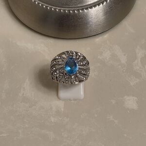 Silver CZ and Aquamarine Cocktail Ring Size 8.5